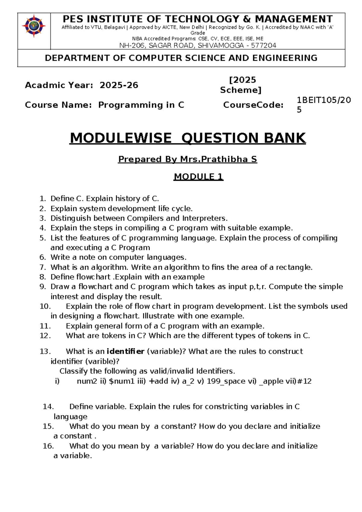 Programming in C - Module Wise Question Bank (Course Code: 5) - Studocu