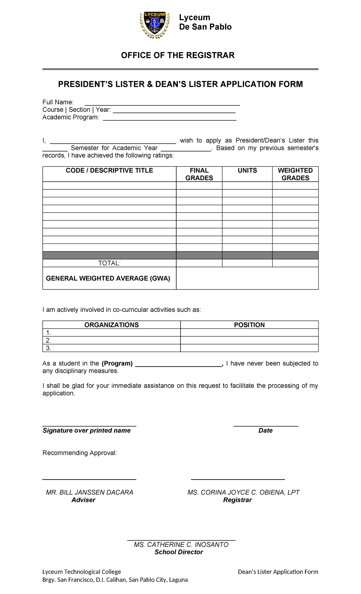 DL PL FORM LDSP - Lister Application Form for Academic Year - Studocu