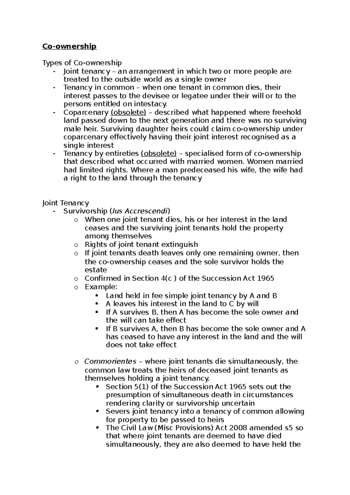 Property Law II - L1: Types of Joint Tenancy Explained - Studocu
