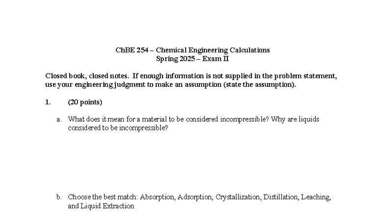 ChBE 254 Chemical Engineering Calculations Spring 2025 Exam II Review ...