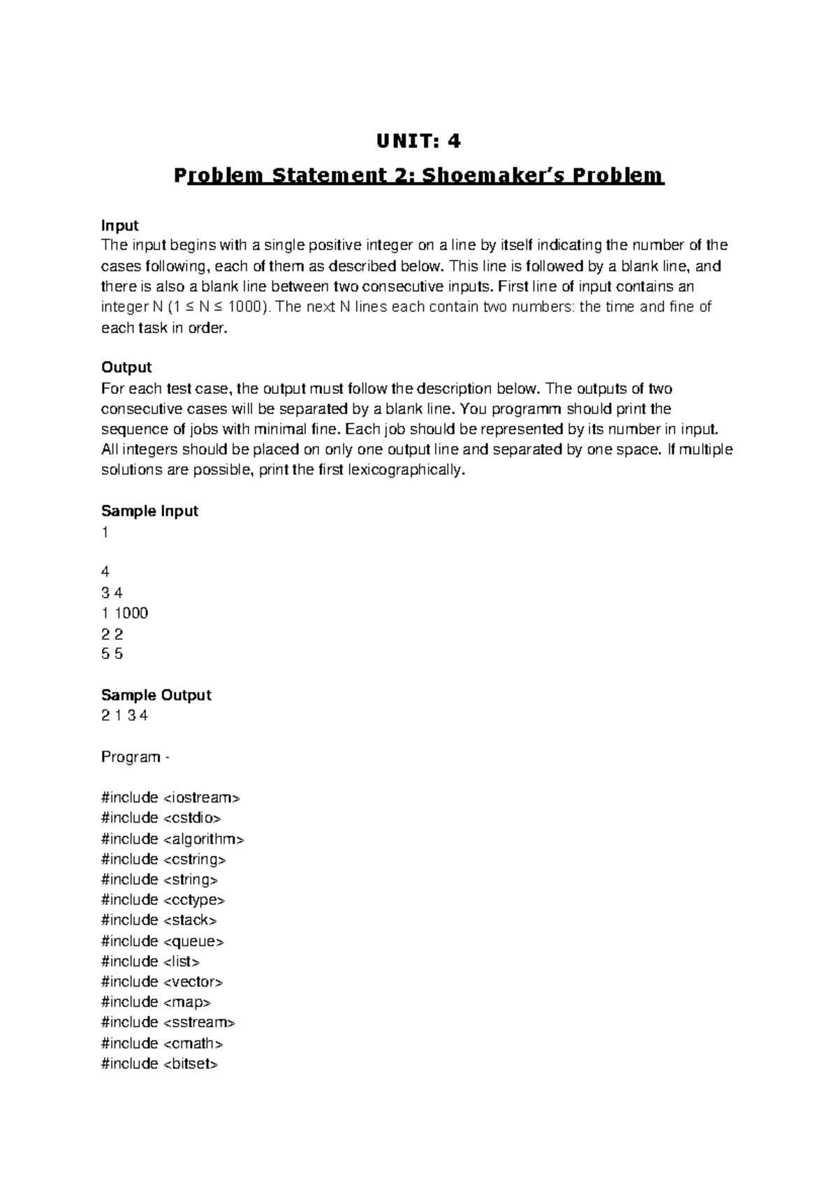 Shoemaker's Problem: Optimal Job Sequencing (CS101 Problem Set) - Studocu