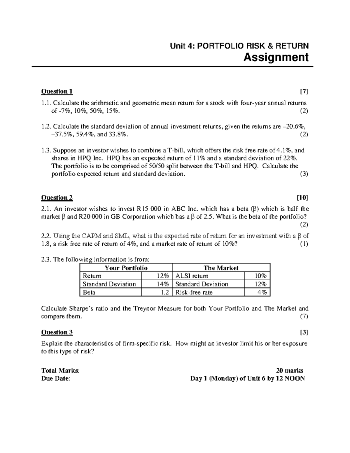 UNIT 4 Assignment - Risk & Return in Financial Markets Analysis - Studocu