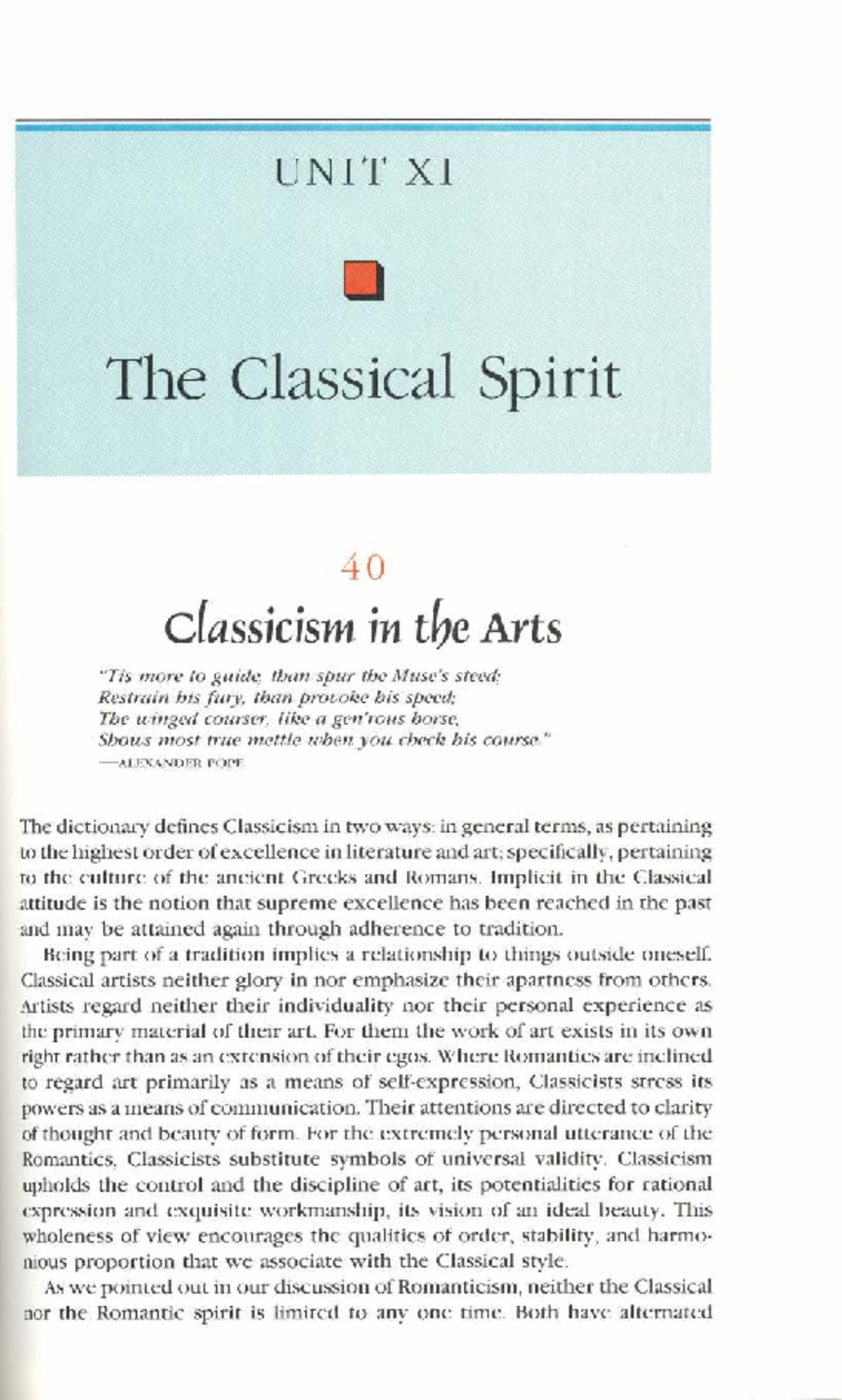 Unit XI: The classical spirit and its influence on art and music - Studocu