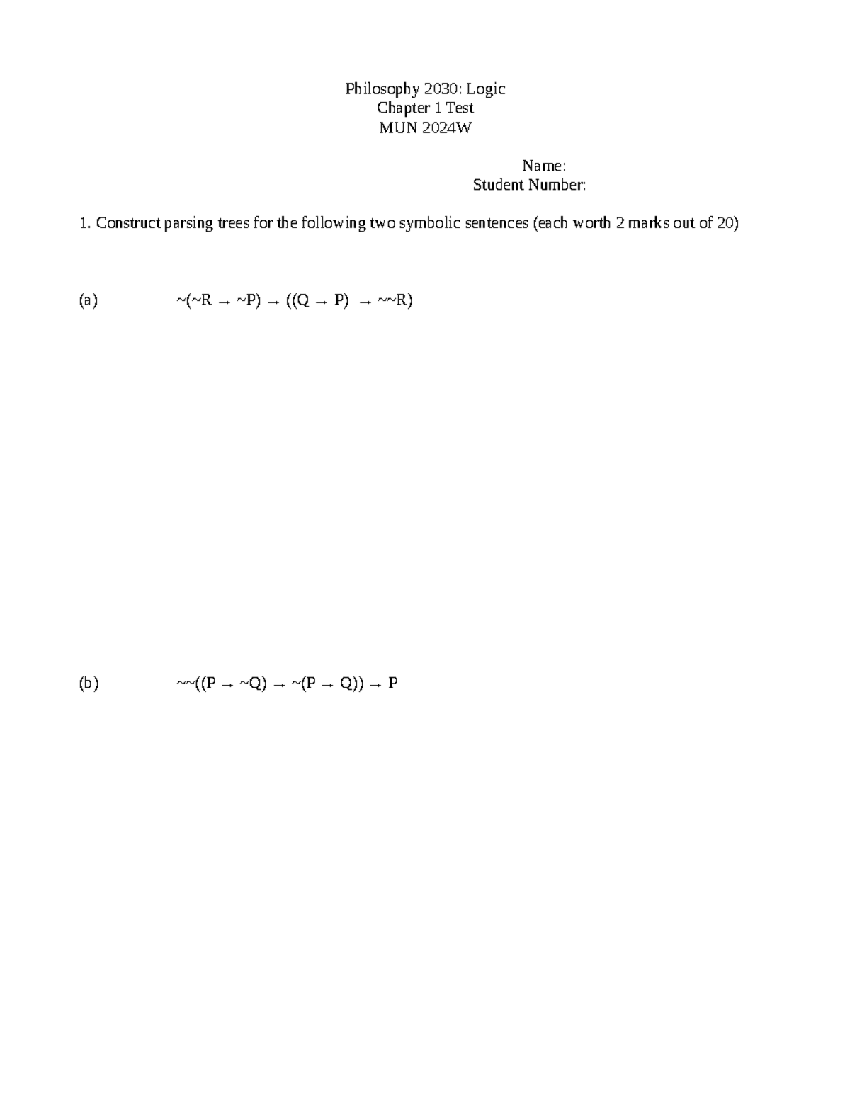 Logic Practice Test 1 - Philosophy 2030: Logic Chapter 1 Test MUN 2024W ...