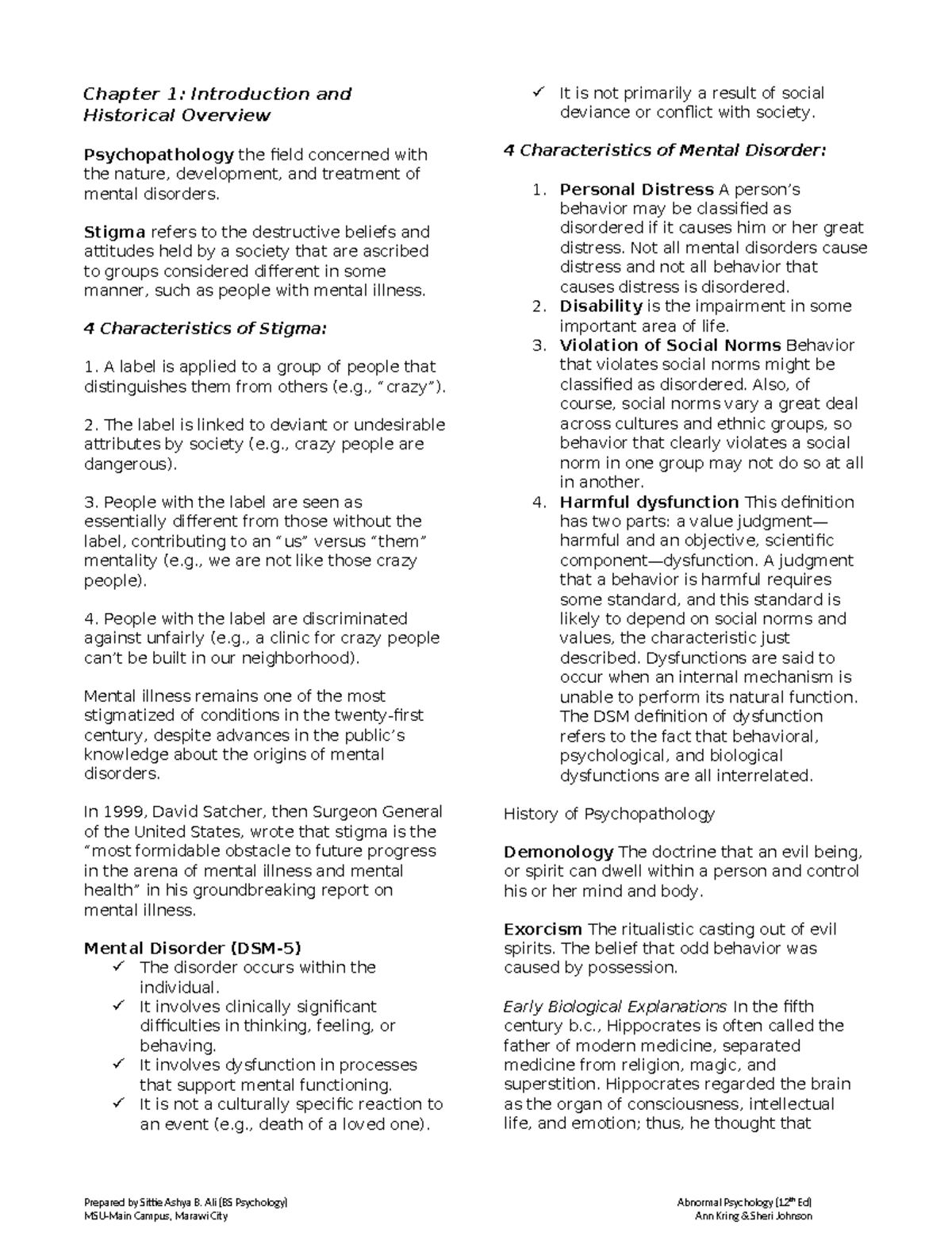 Chapter 1 - Summary Abnormal Psychology - Chapter 1: Introduction and ...