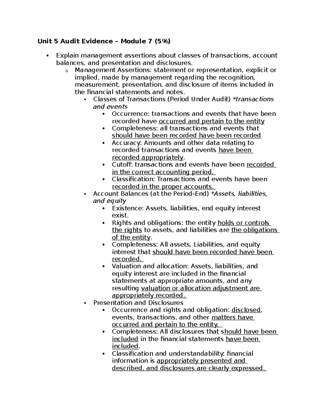 Unit 5 Audit Evidence: Management Assertions & Evidence Gathering ...