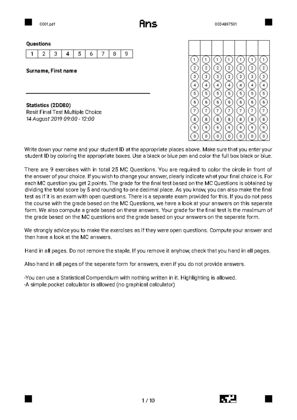 Statistics 2DD80 Resit Final Test MC Questions - August 2019 - Studeersnel
