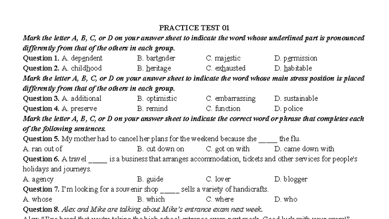 Practice Test 01 for HP2526: Pronunciation and Stress Analysis - Studocu