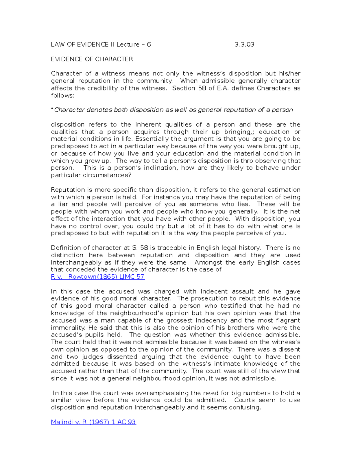 Evidence of Character and Opinion: Insights from LAW OF EVIDENCE II ...