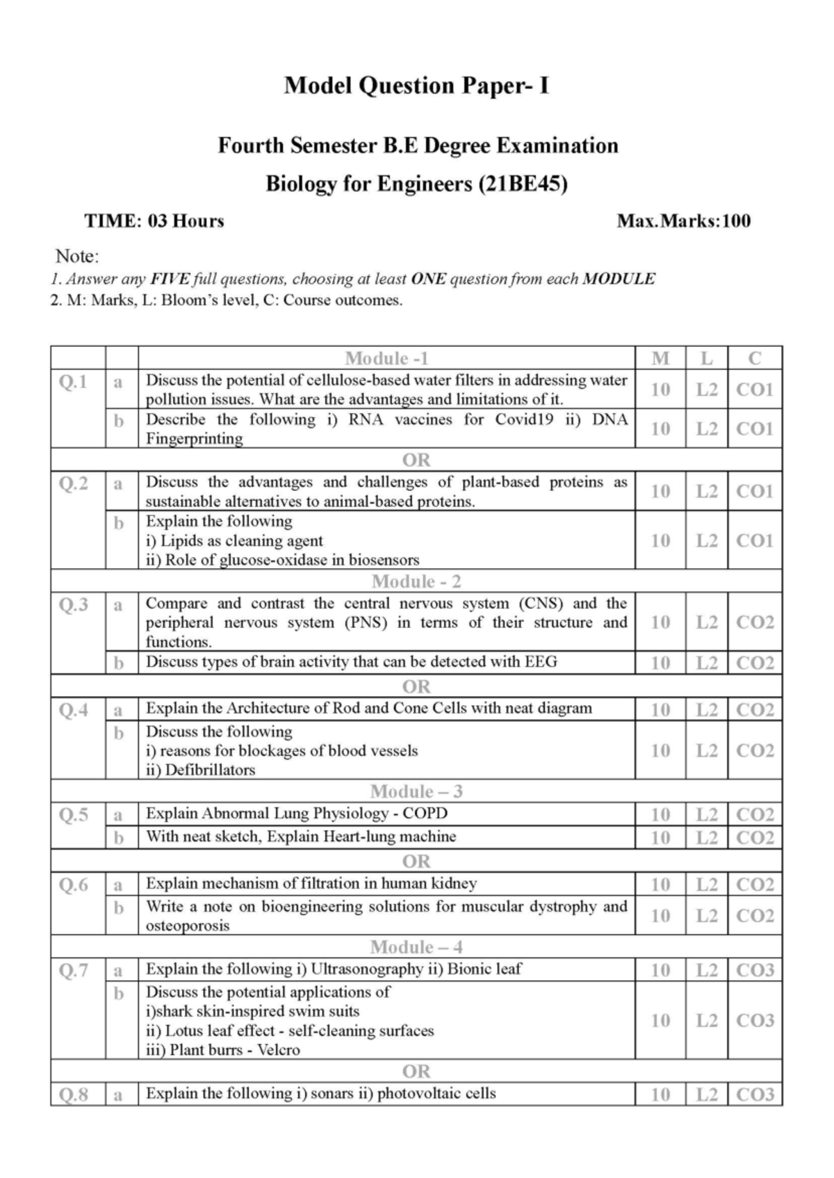 Biology for Engineers Model Question Paper - Exam Prep - Studocu