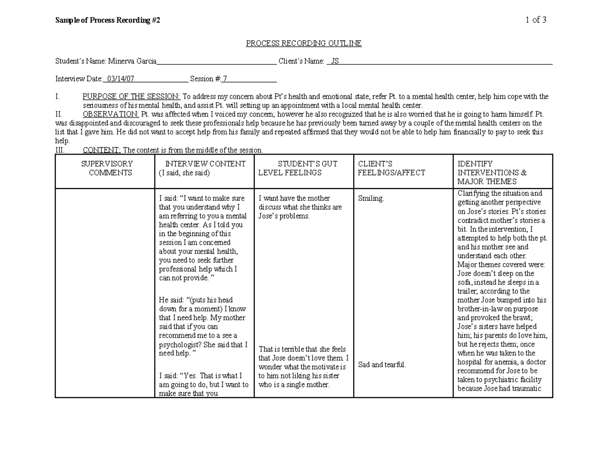 Process Recording Example #2 for Client JS - Session 7 - Studocu