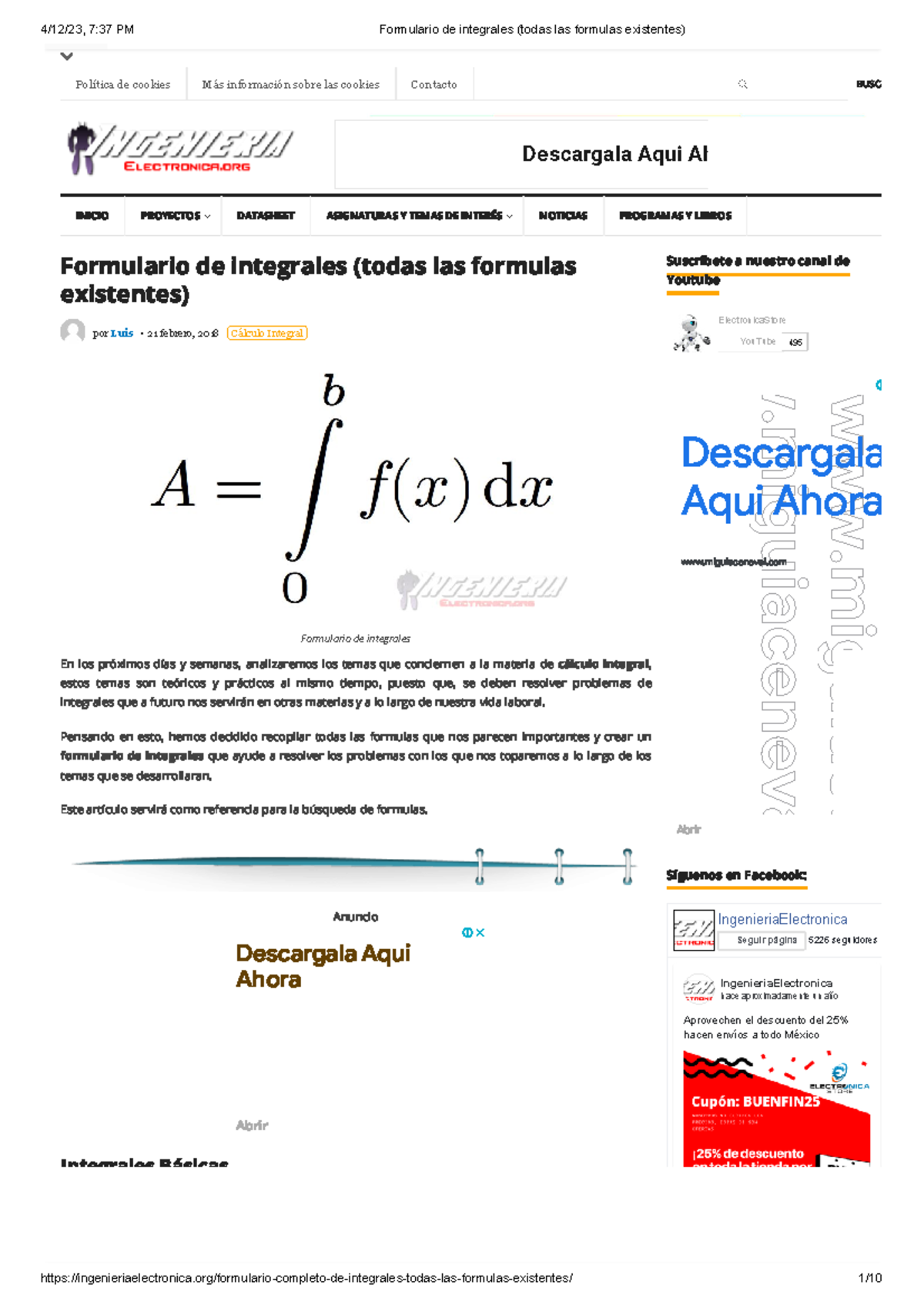 Formulario de Integrales: Compendio de Fórmulas Esenciales - Studocu