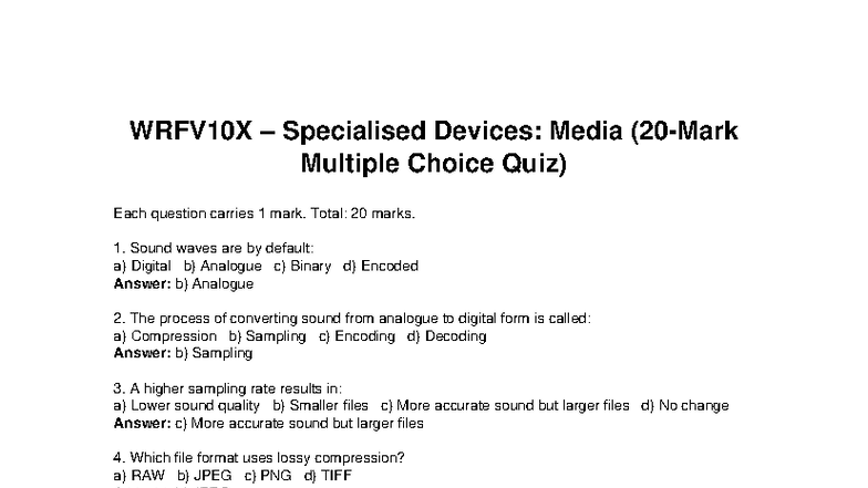 WRFV10X Specialised Devices: 20 Mark MCQ with Answers - Studocu