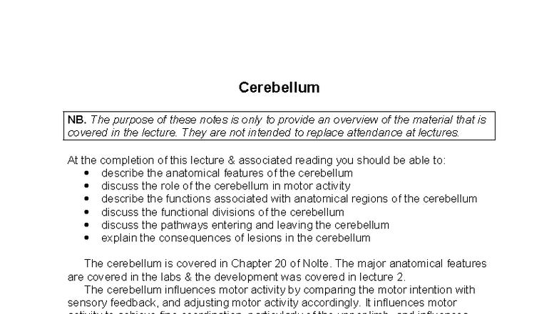Cerebellum Lecture Notes (Course Code: NB) - Studocu