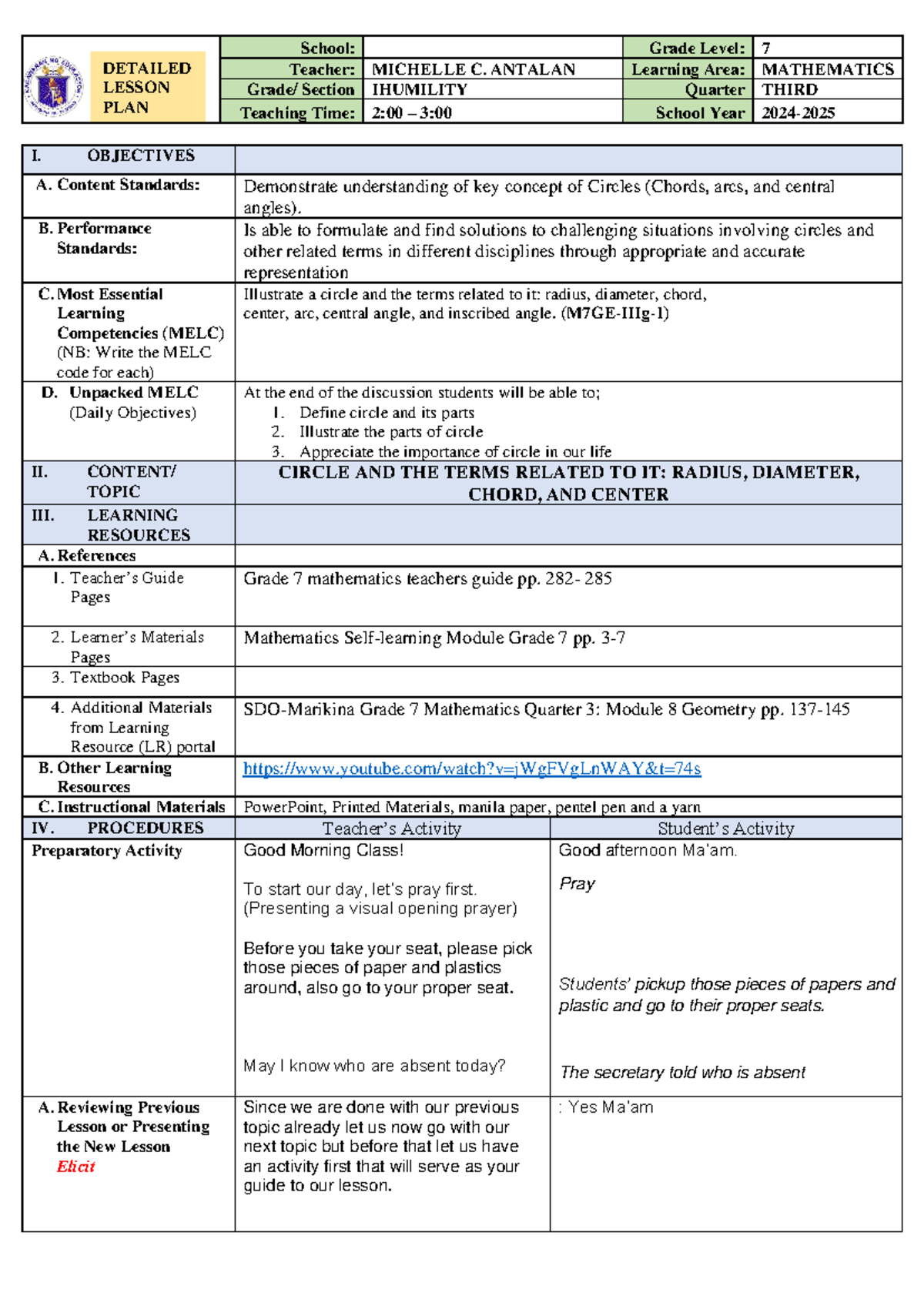 DETAILED LESSON PLAN: CIRCLES IN GRADE 7 MATH (MATH 7) - Studocu