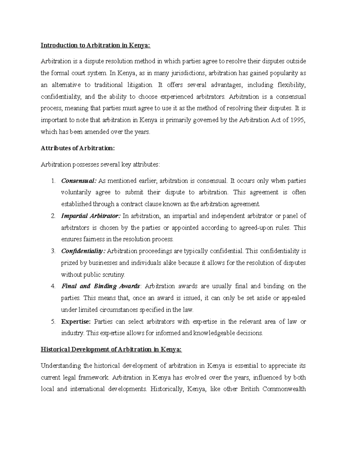 Arbitration Notes ADR - Summary of Arbitration Law in Kenya - Studocu