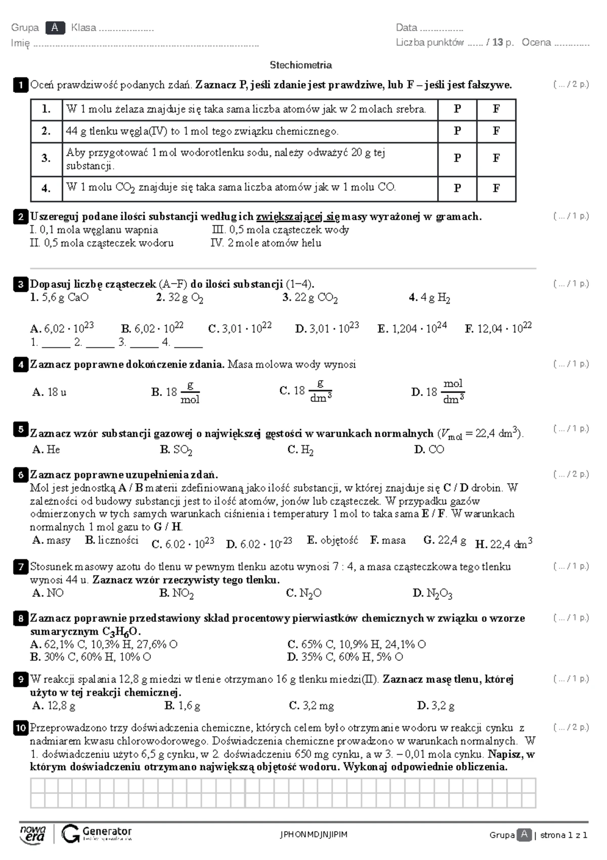 Sprawdzian Całoroczny Chemia 2 Gimnazjum www.studocu.com