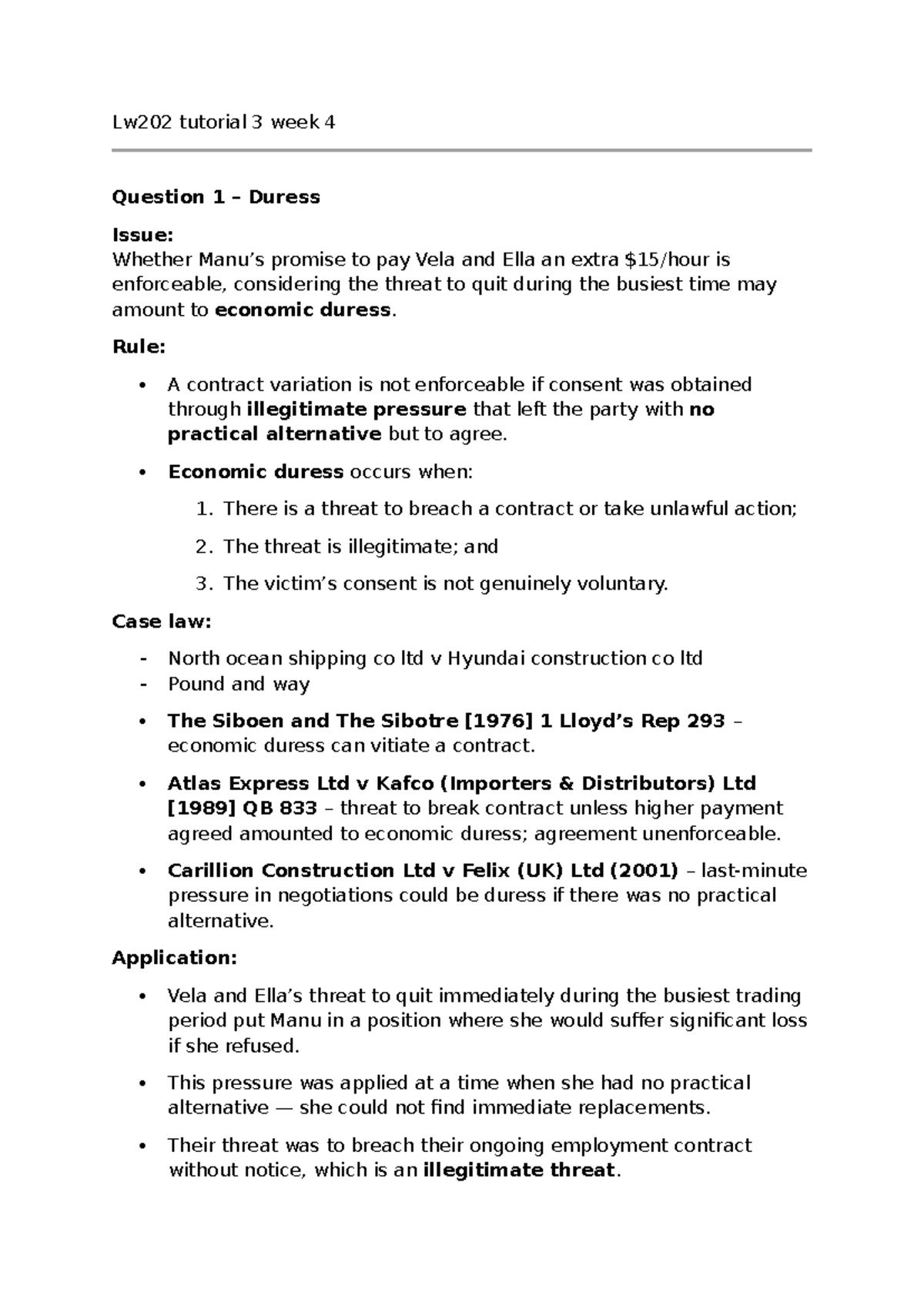 Lw202 Tutorial 3 Week 4: Economic Duress & Undue Influence Analysis ...