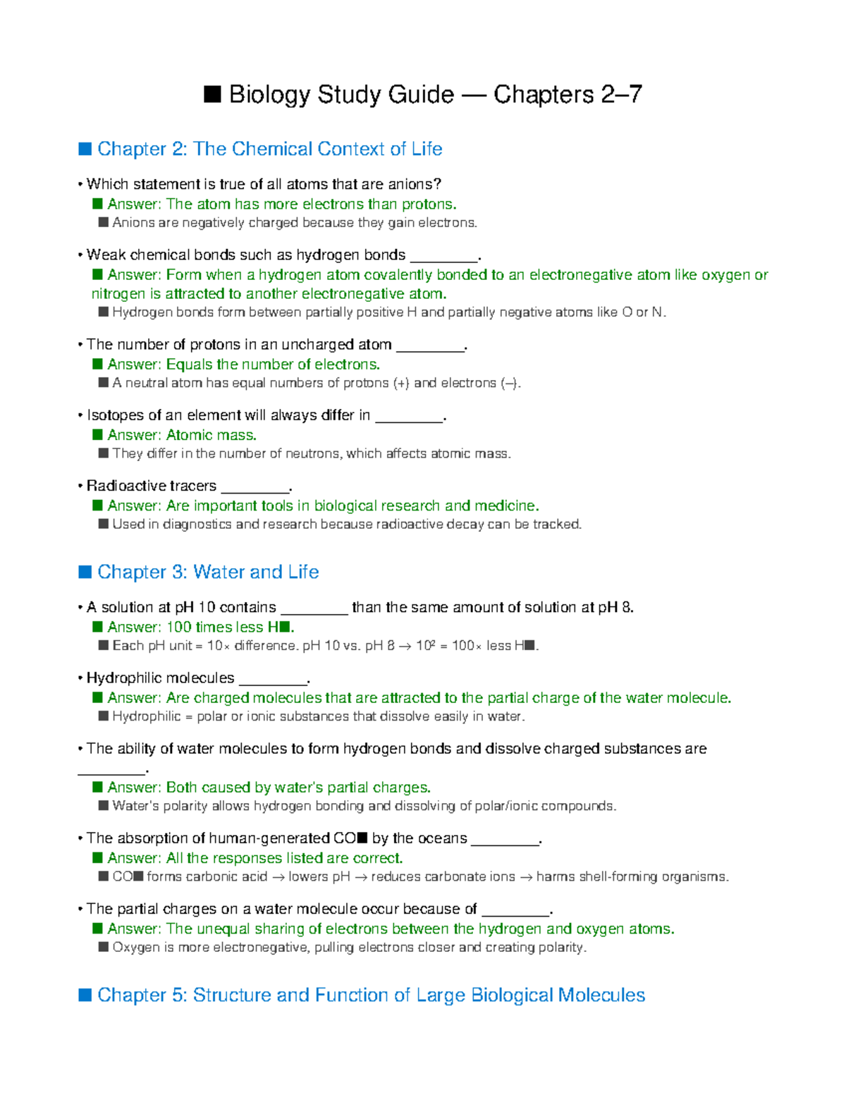 Biology Study Guide: Chapters 2-7 Overview and Key Concepts - Studocu