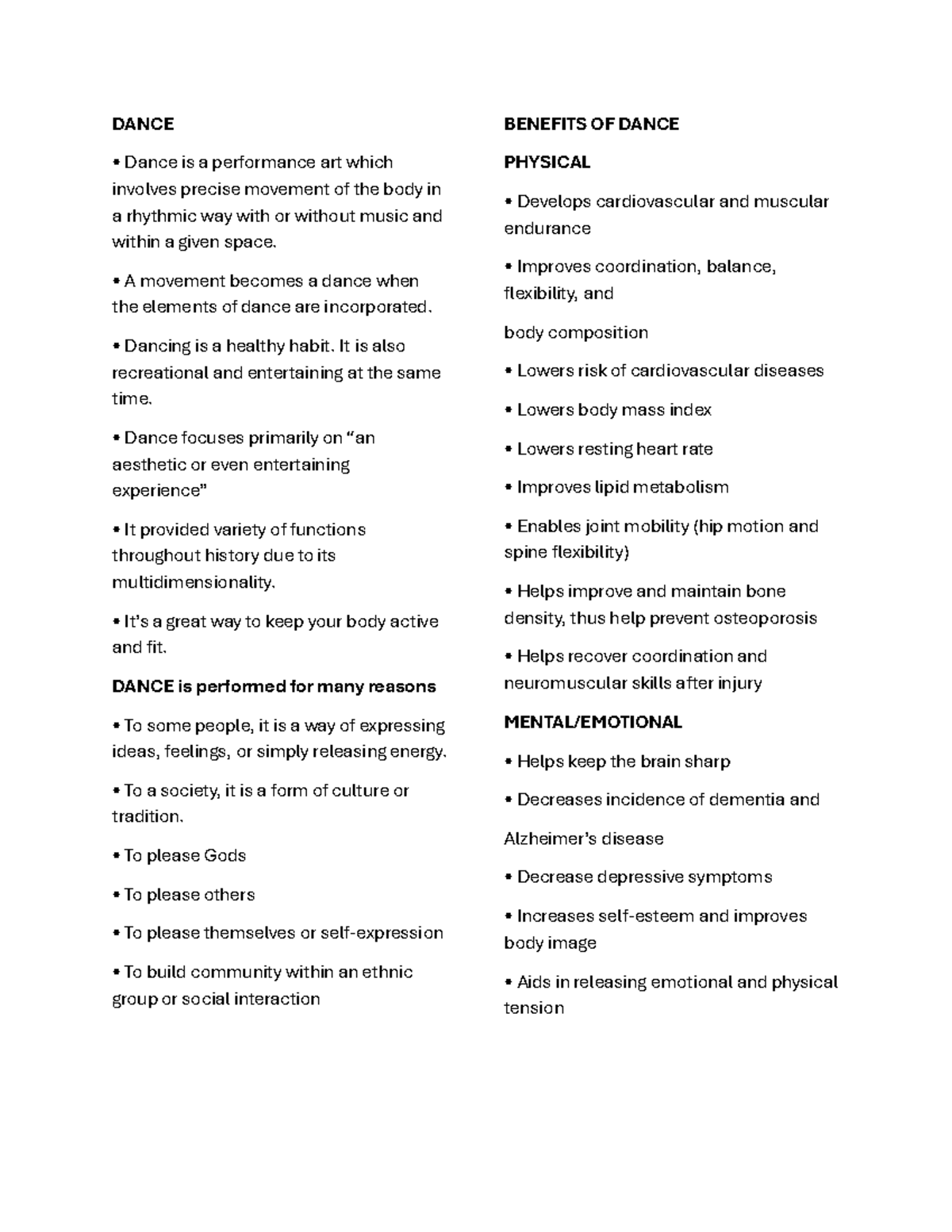 PE - Dance Review Notes: Understanding Art, Benefits, and Techniques ...