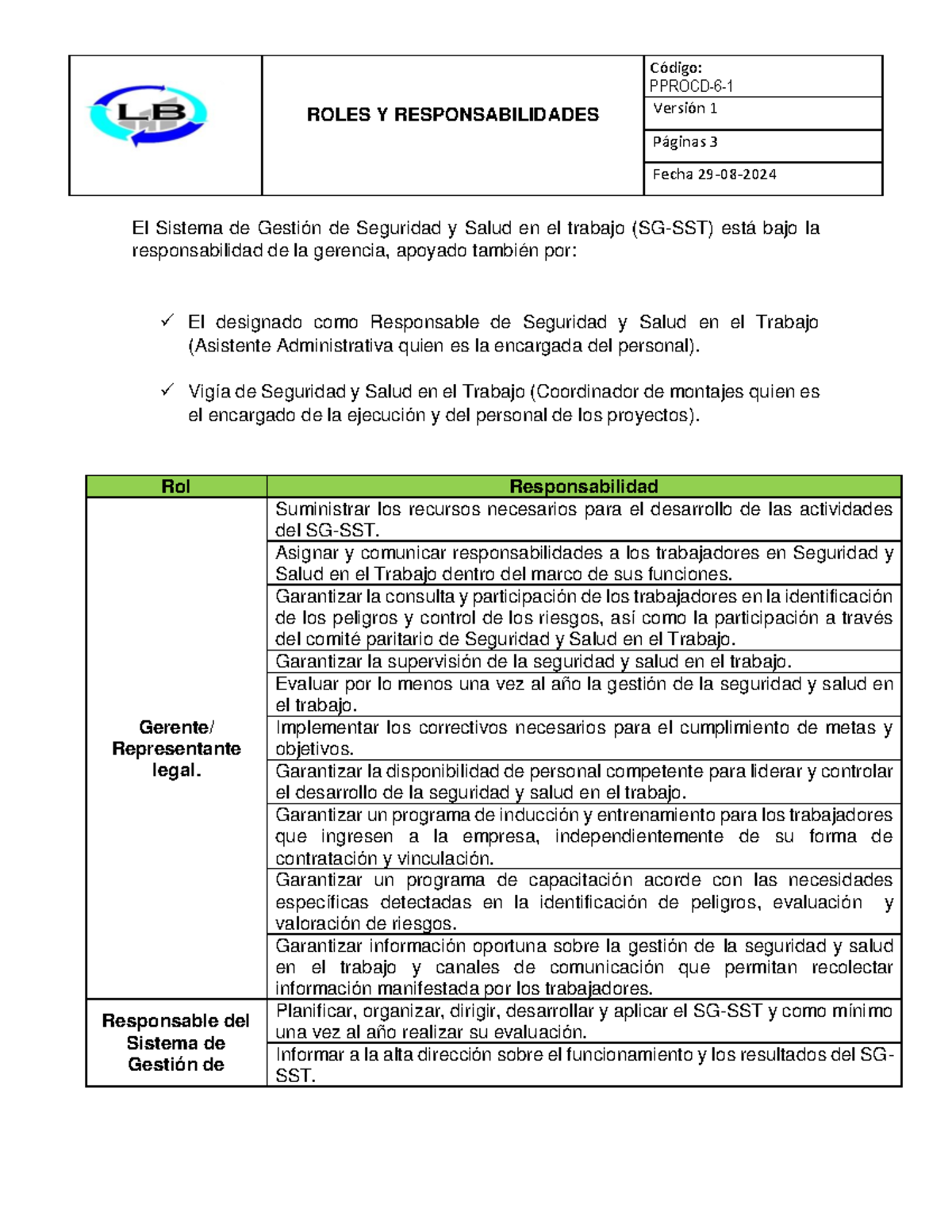 Roles y Responsabilidades en Seguridad y Salud Laboral - LB - Studocu