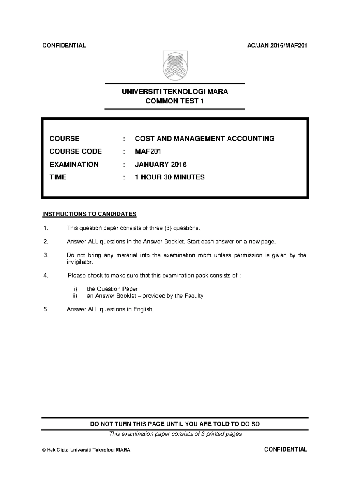 CT 3 - COMMON TEST MAF: Cost & Management Accounting 1, Aug 2015 - Studocu