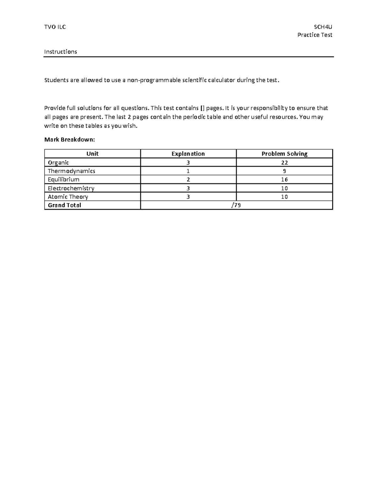 TVO ILC SCH4U Practice Test: Comprehensive Chemistry Review - Studocu