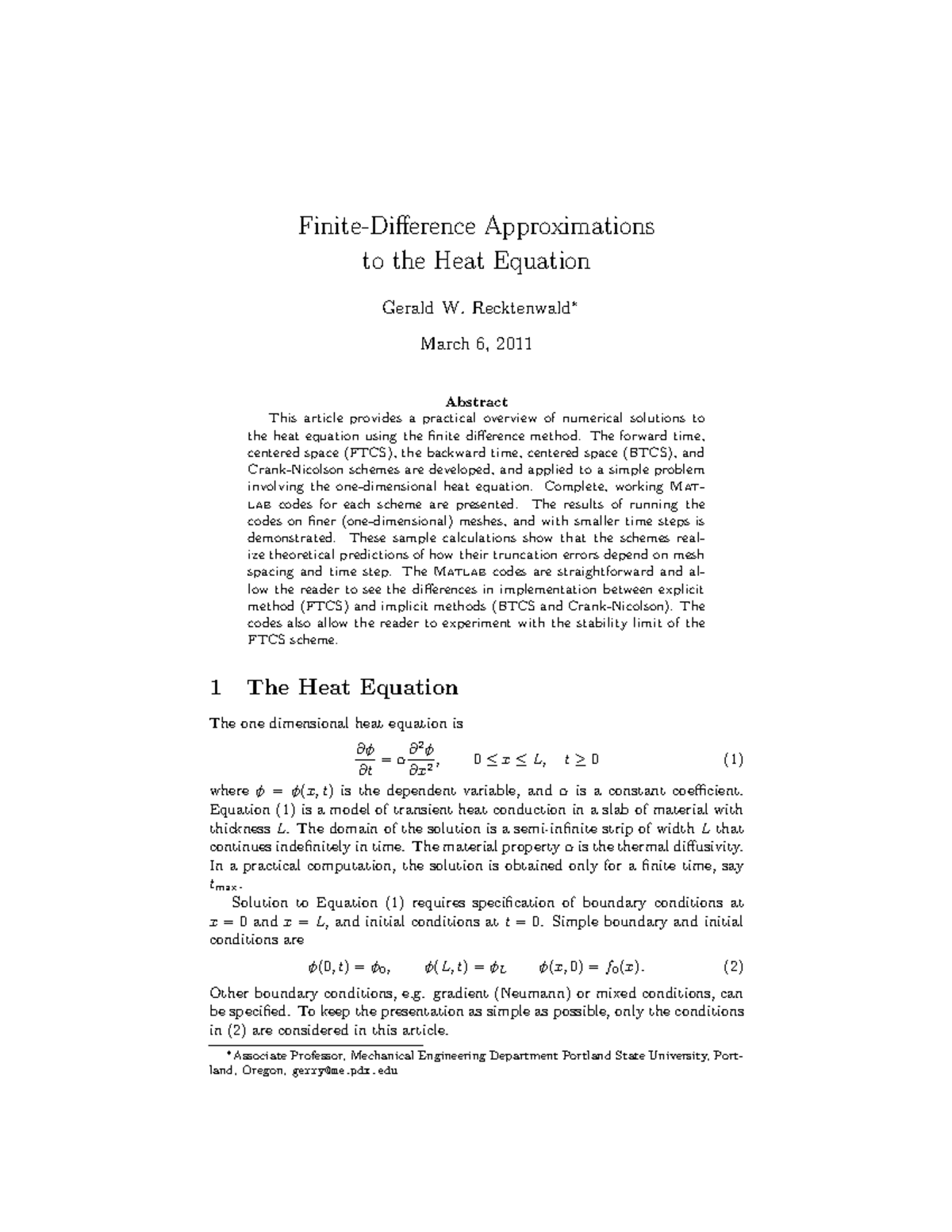 FDheat - Lecture Notes on Finite-Difference Approximations to the Heat ...