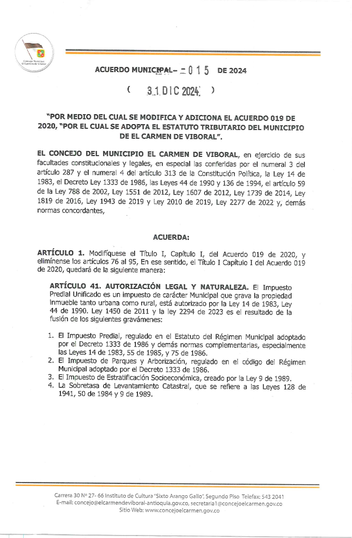 Acuerdo Municipal 015 de 2024: Modificaciones al Estatuto Tributario - Document Preview