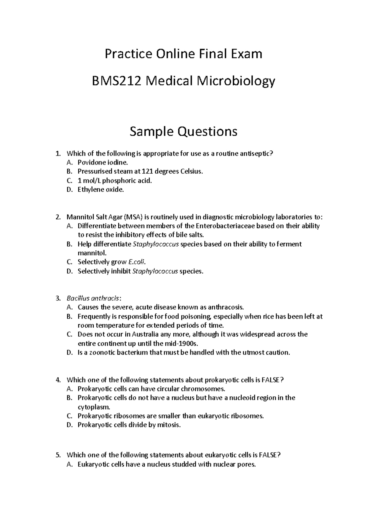 BMS212 Final Exam Practice Questions for Medical Microbiology 2020 ...