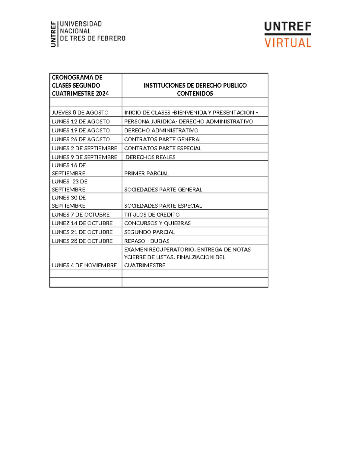 PLAN DE Trabajo Segundo Cuatrimestre 2024 - CRONOGRAMA DE CLASES ...
