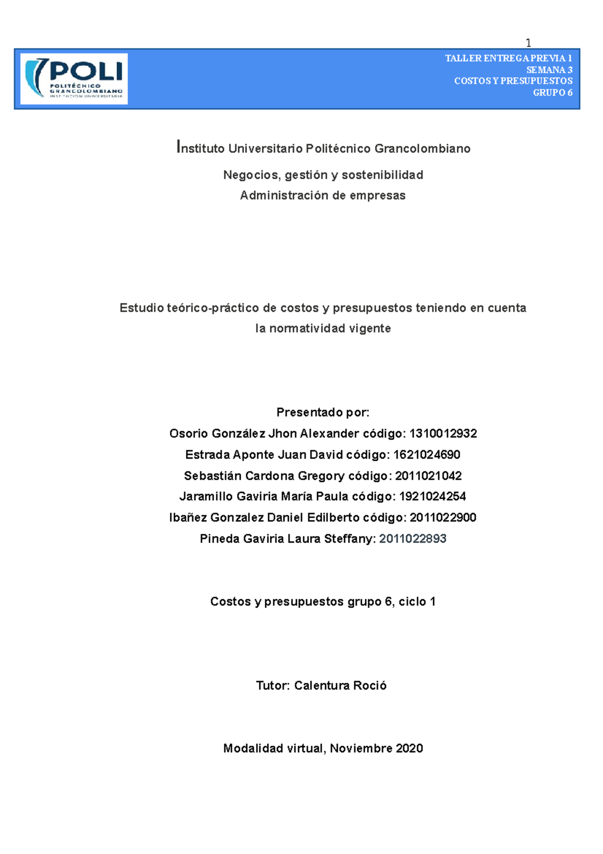 Entrega 1 TC Semana 3 Costos Y Presupuesto 1 el doc esta terminaod ...