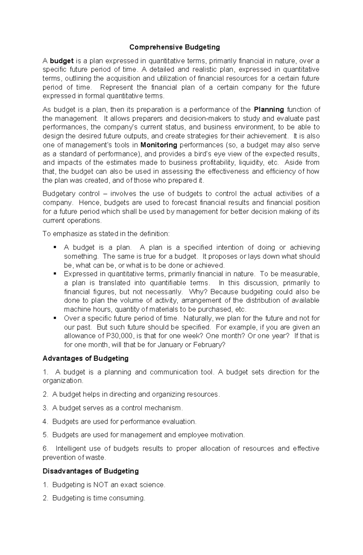 Comprehensive Budgeting Overview and Analysis (Course Code: FIN101 ...