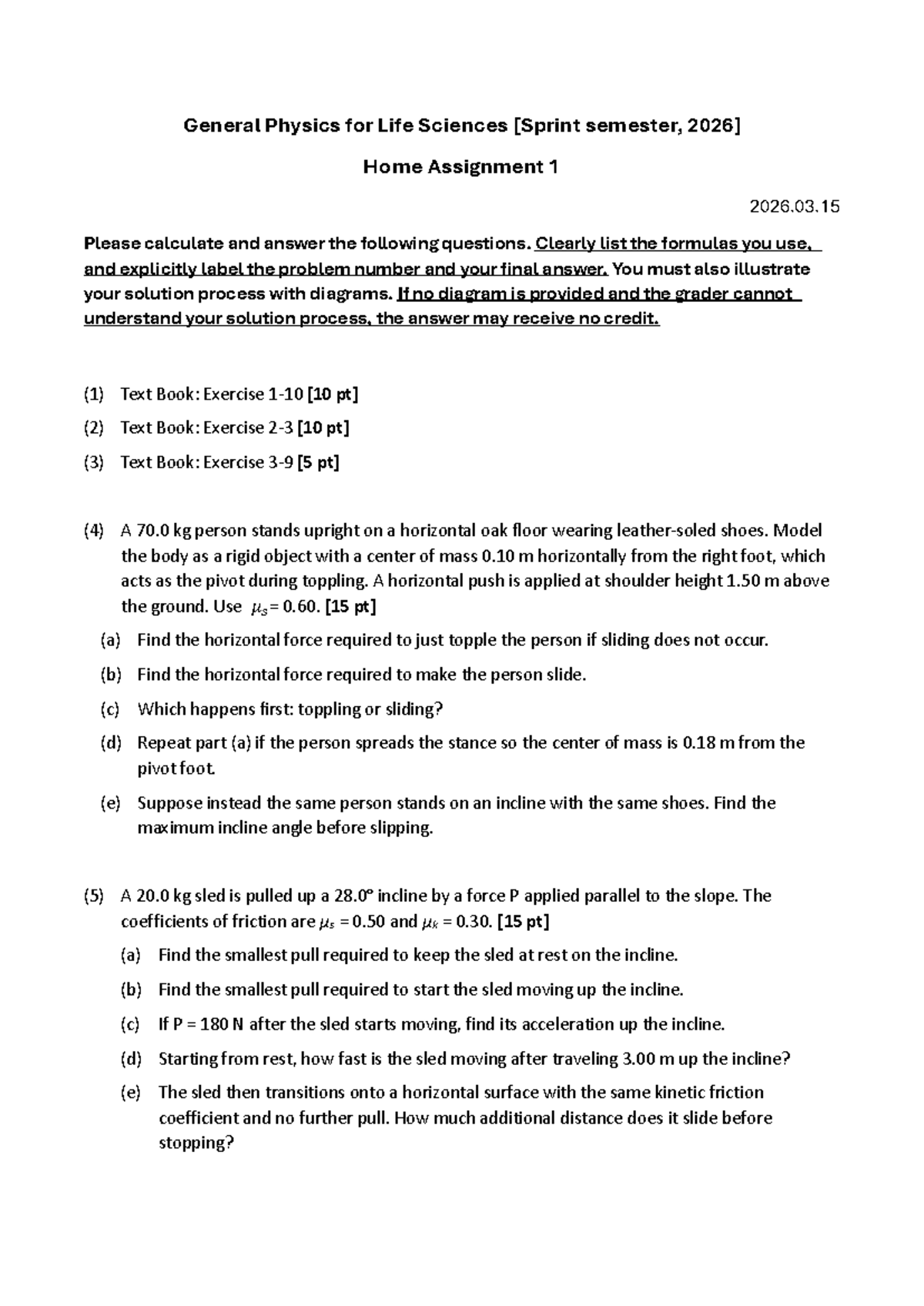 General Physics for Life Sciences (PHYS 101) - Home Assignment 1 - Studocu