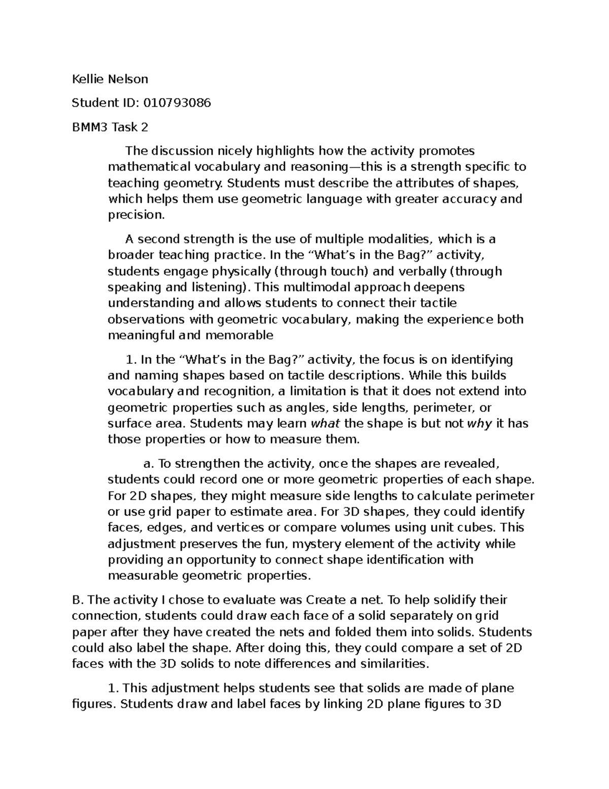 BMM3 Performance Task 2: Evaluating Geometry Teaching Strategies - Studocu