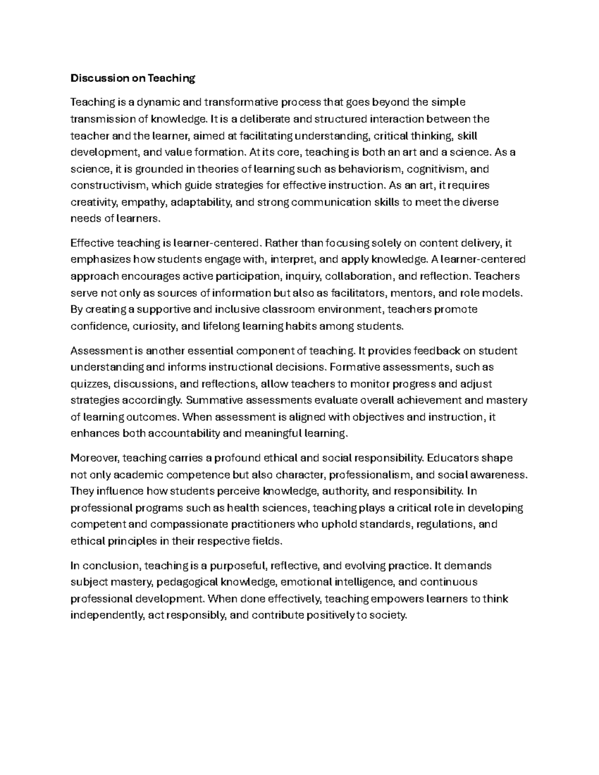 Teaching: A Dynamic Process of Learning and Engagement - Essay - Studocu