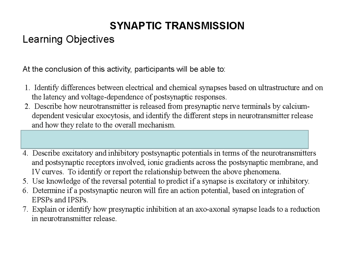 Final Exam Notes for NPB 110A: Overview of Synaptic Transmission - Studocu
