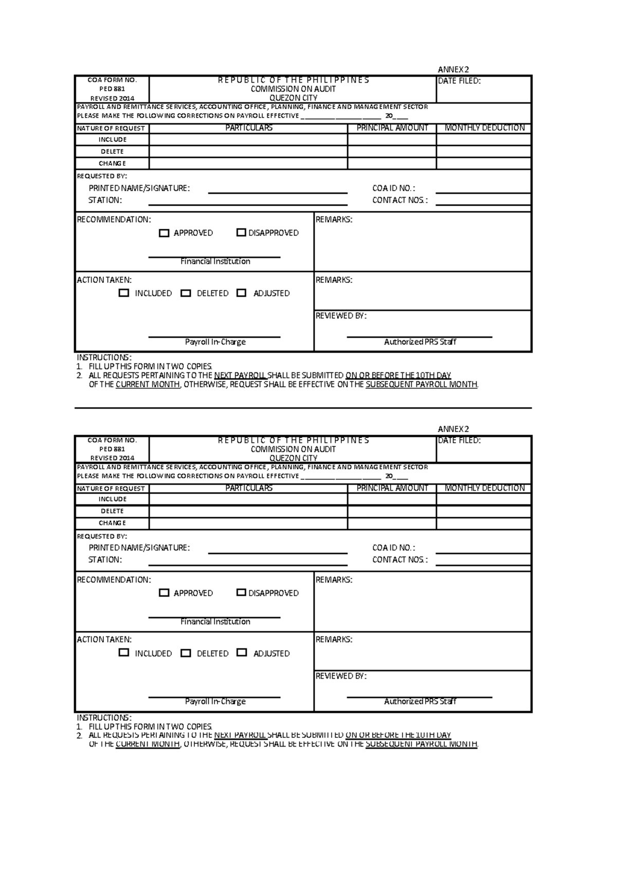 Changes in Payroll Form Template - COA PED 881 - Studocu