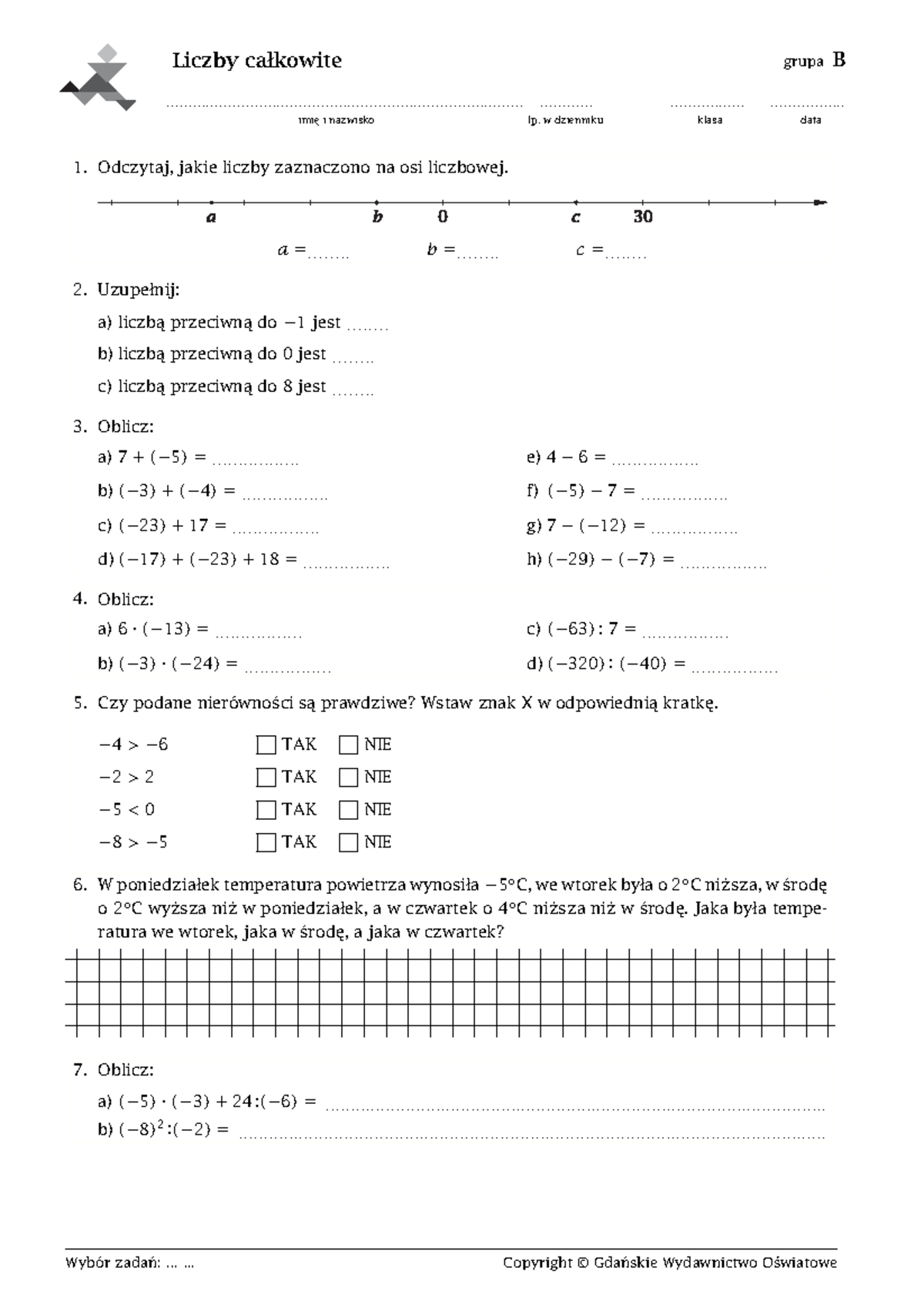 Sprawdzian Z Dodawania Liczb Całkowitych www.studocu.com