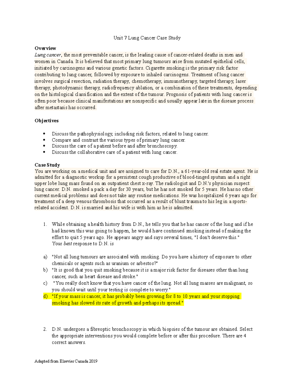 Unit 7 Lung Cancer Case Study: Comprehensive Answer Key