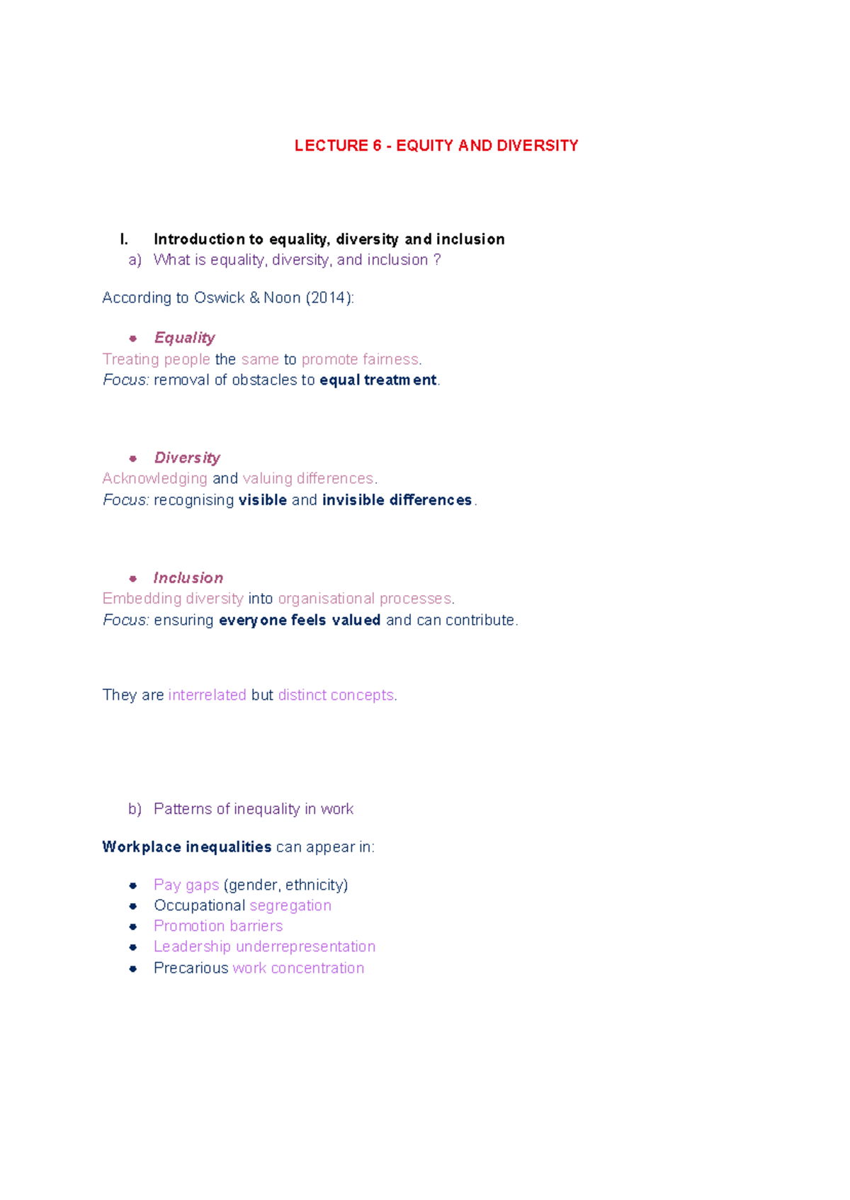 LECTURE 6: Equity and Diversity - Key Concepts and Theories - Studocu