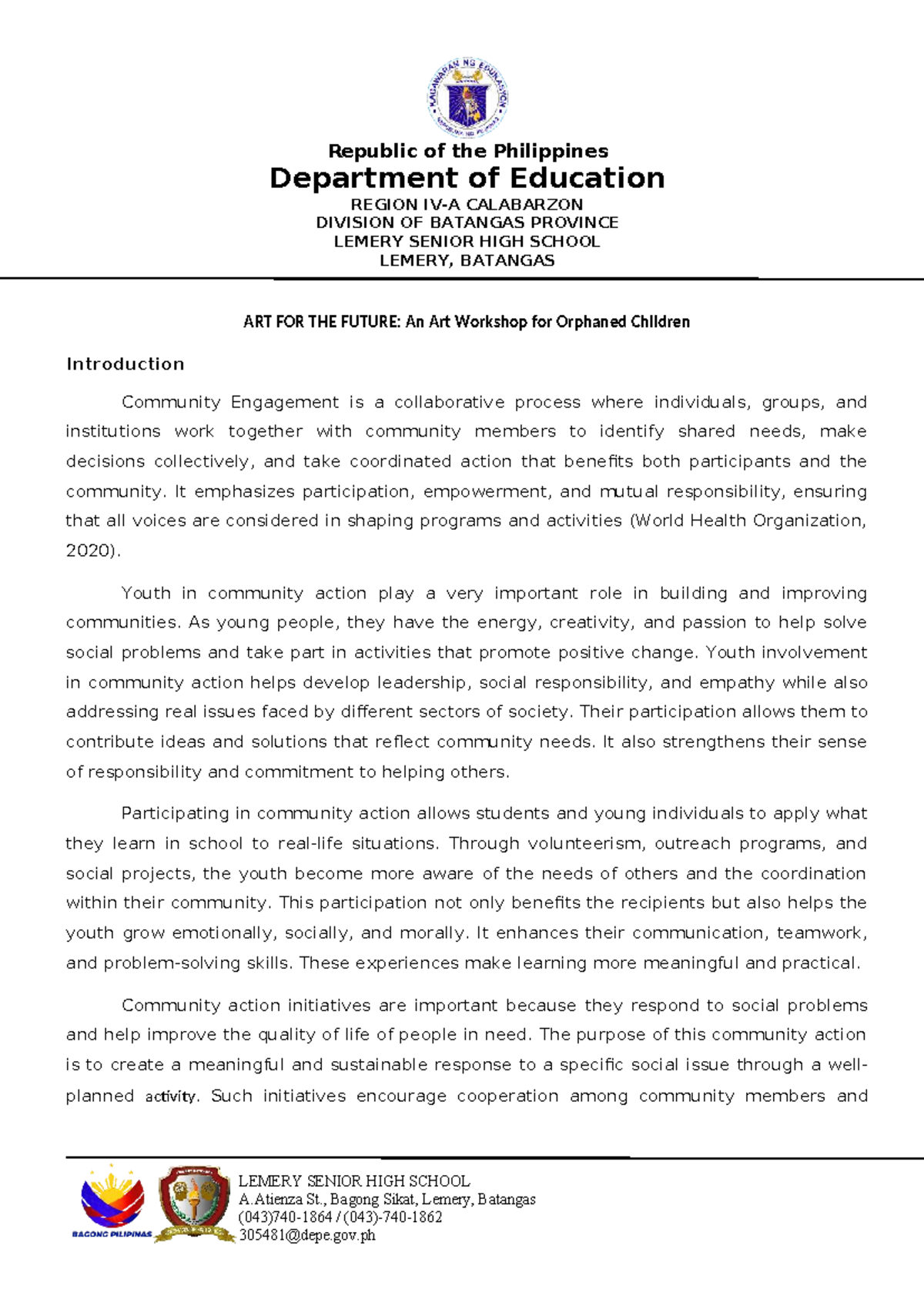 G7 Concept Paper: Art Workshop for Orphaned Children at Lemery SHS ...