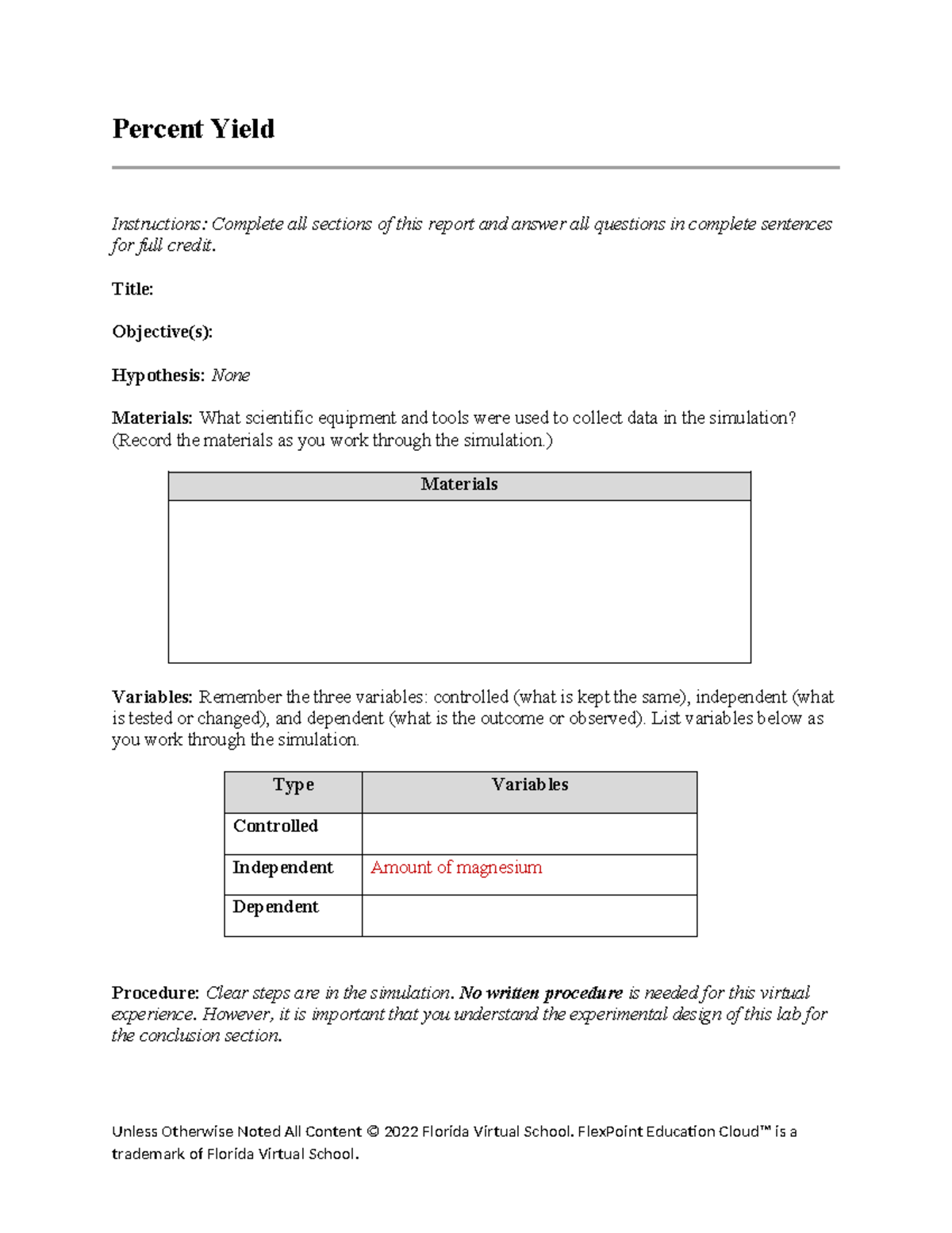 Percent Yield Lab Report Instructions (Worksheet 6.099) - Studocu