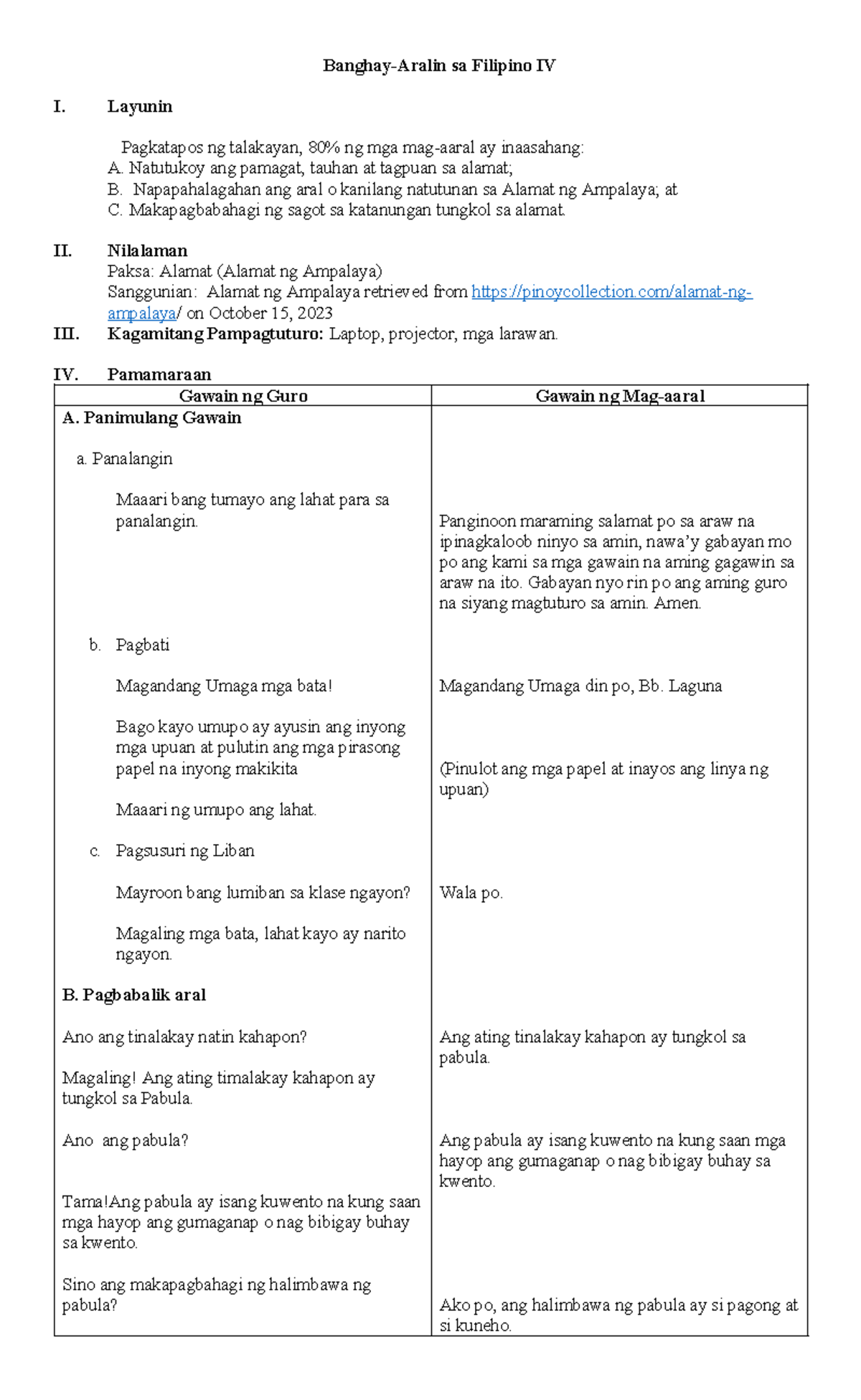 Banghay Aralin sa Filipino IV: Mga Aral mula sa Alamat ng Ampalaya - Document Preview