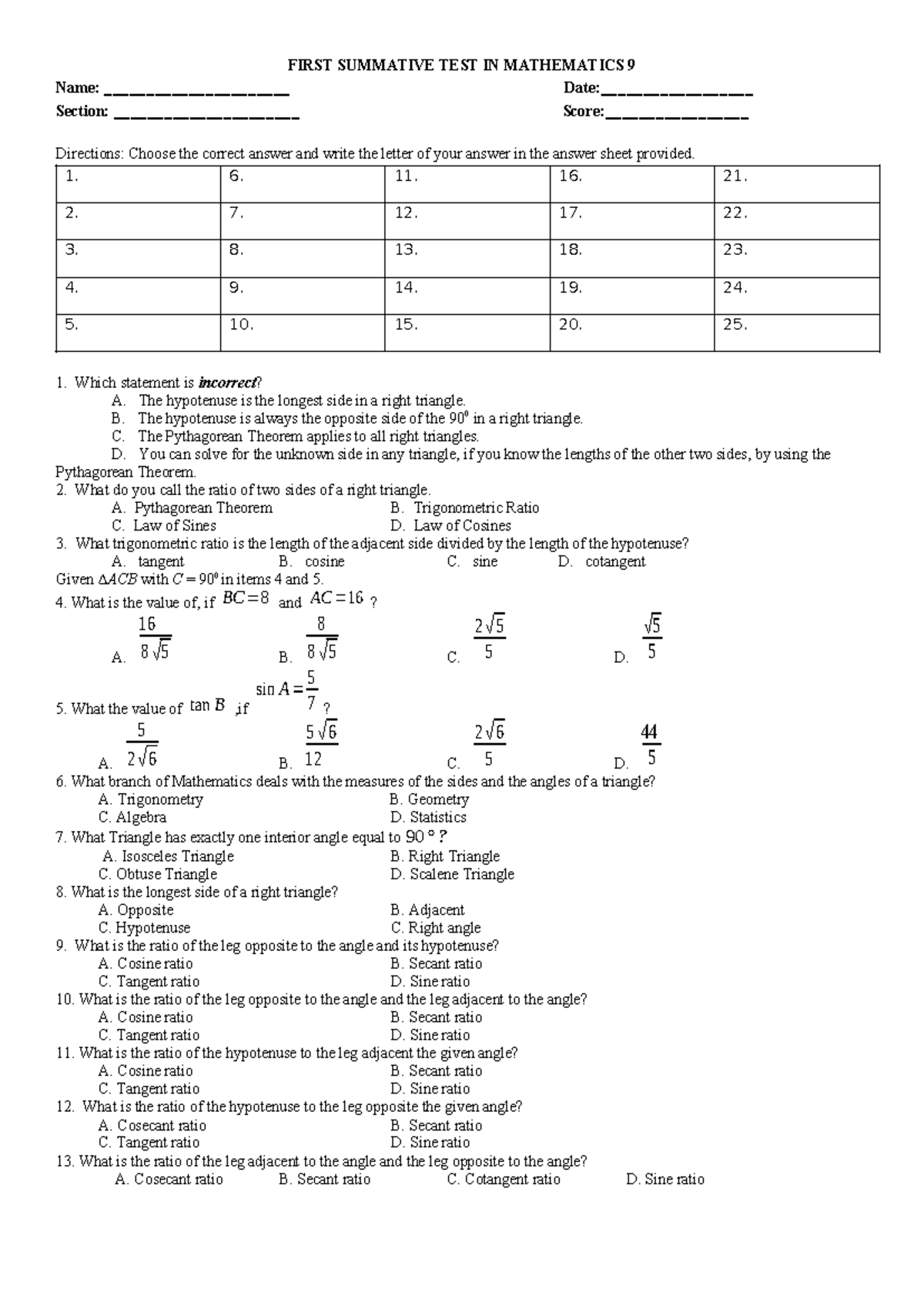 Mathematics 9: First Summative Test on Trigonometric Ratios - Studocu