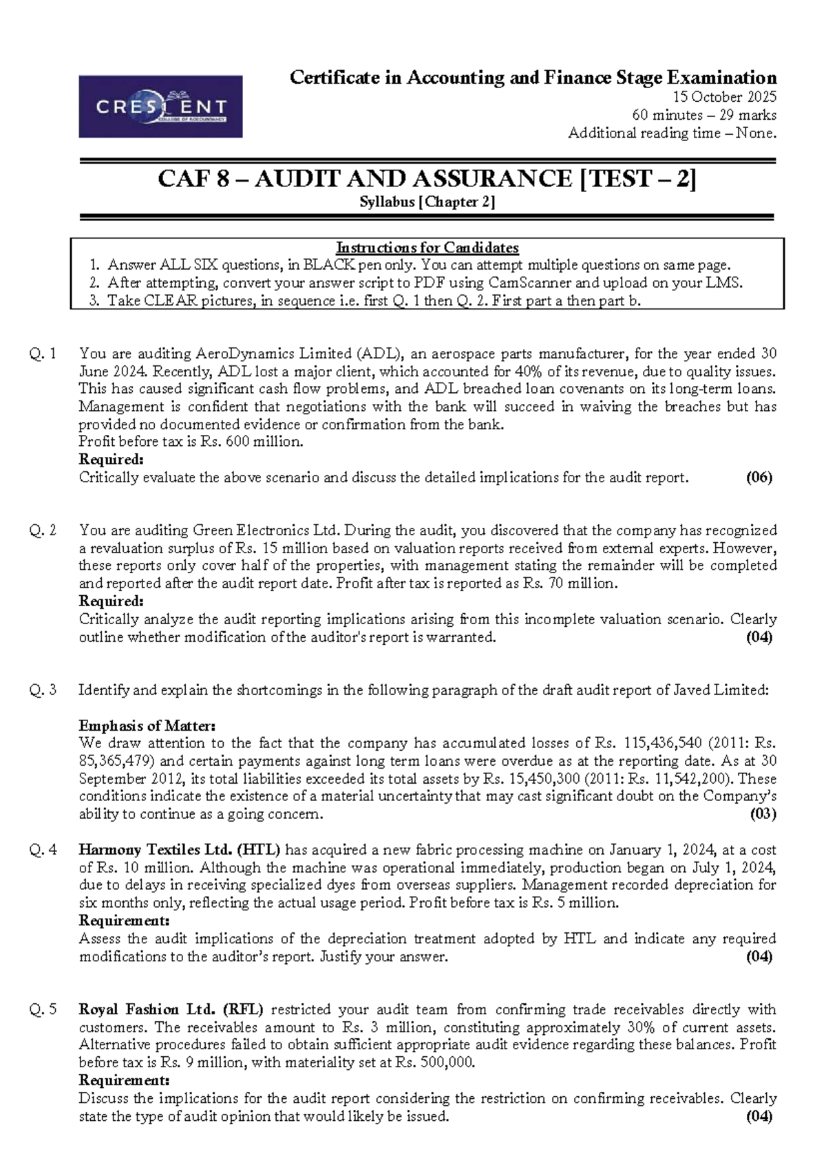 CAF 8 Audit and Assurance Stage Exam Questions - 15 Oct 2025 - Studocu