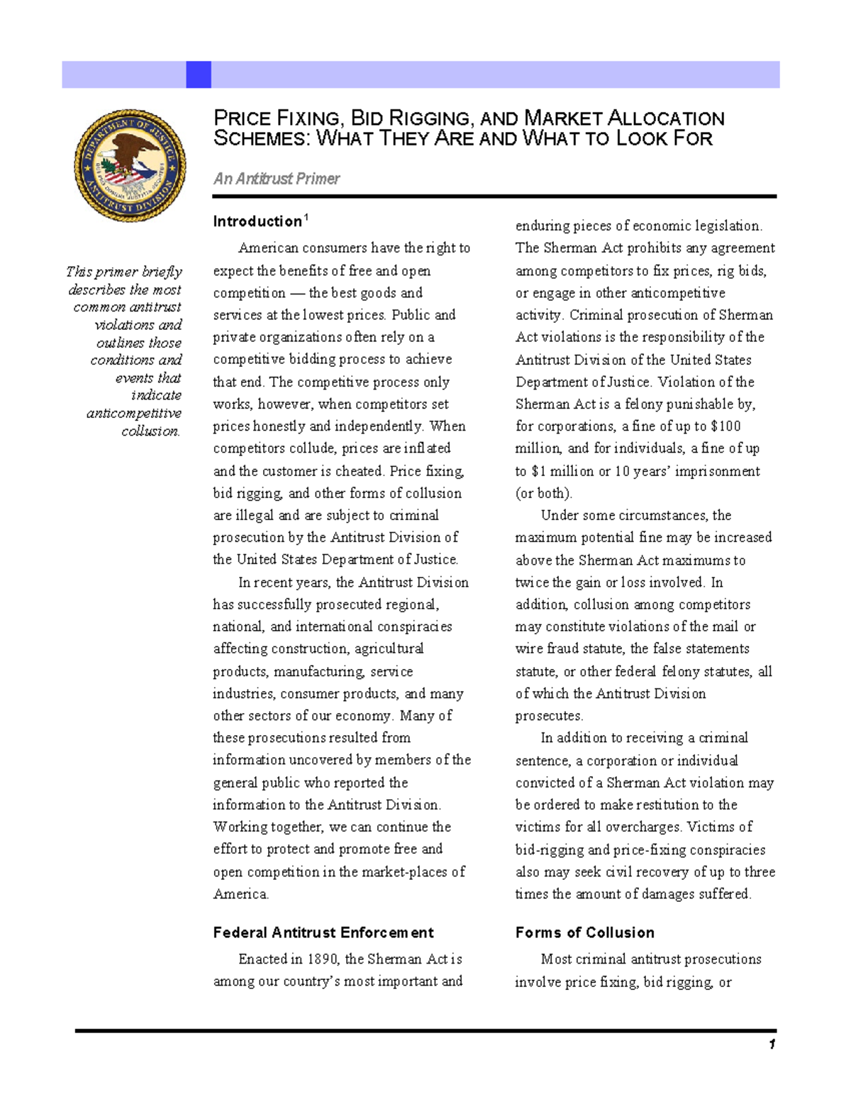 Price Fixing and Bid Rigging: An Antitrust Primer - P RICE FIXING, B ID ...