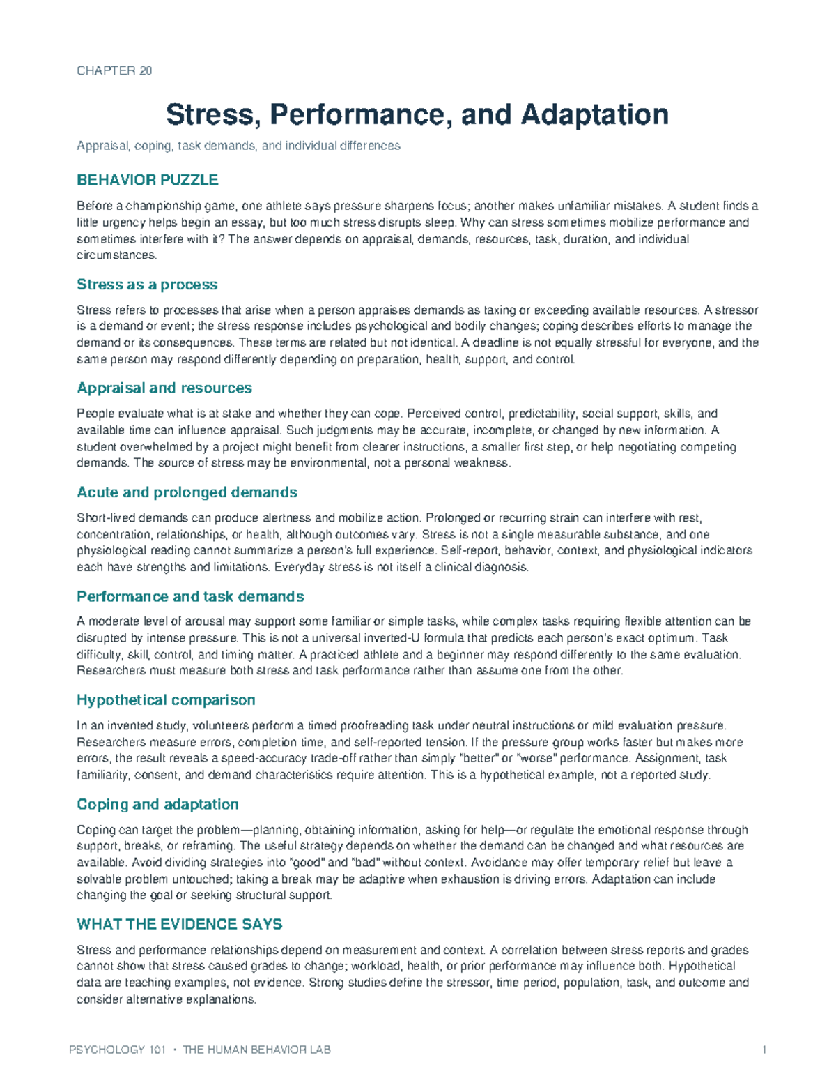 PSYCHOLOGY 101 CHAPTER 20: Stress, Performance, and Adaptation Insights ...