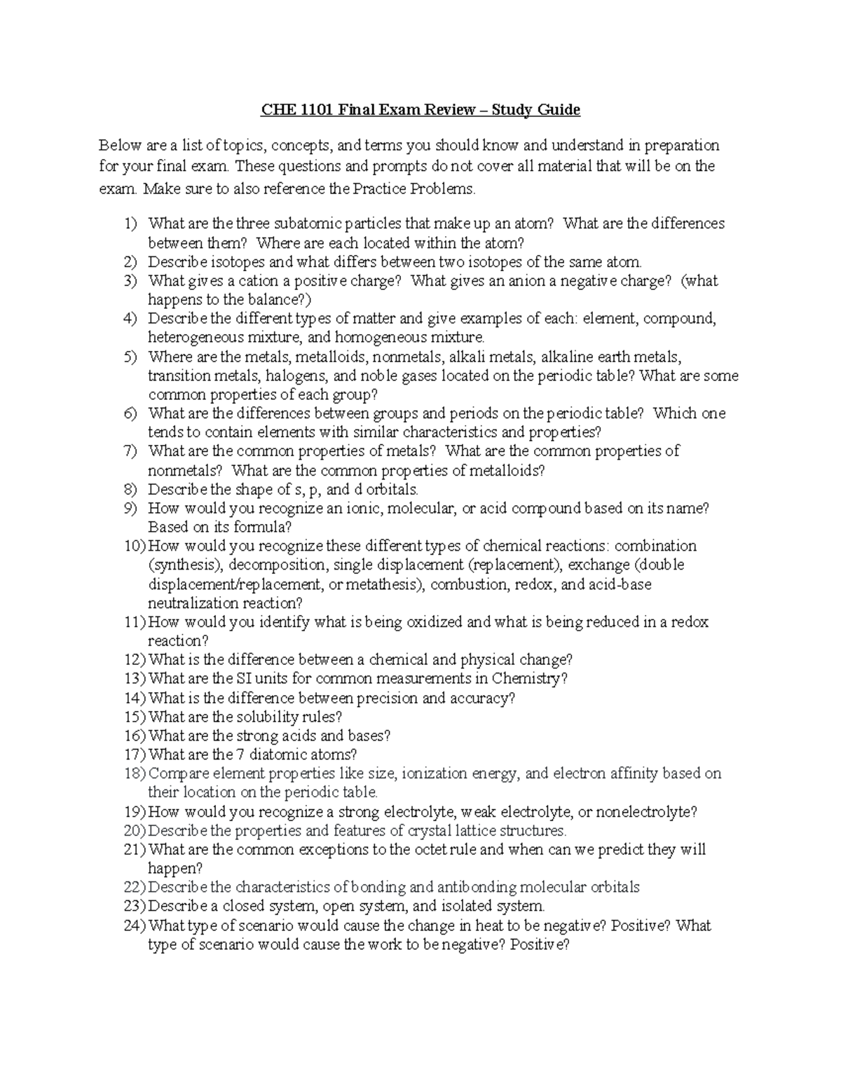 CHE 1101 Final Exam Review: Key Concepts and Topics Study Guide - CHE ...