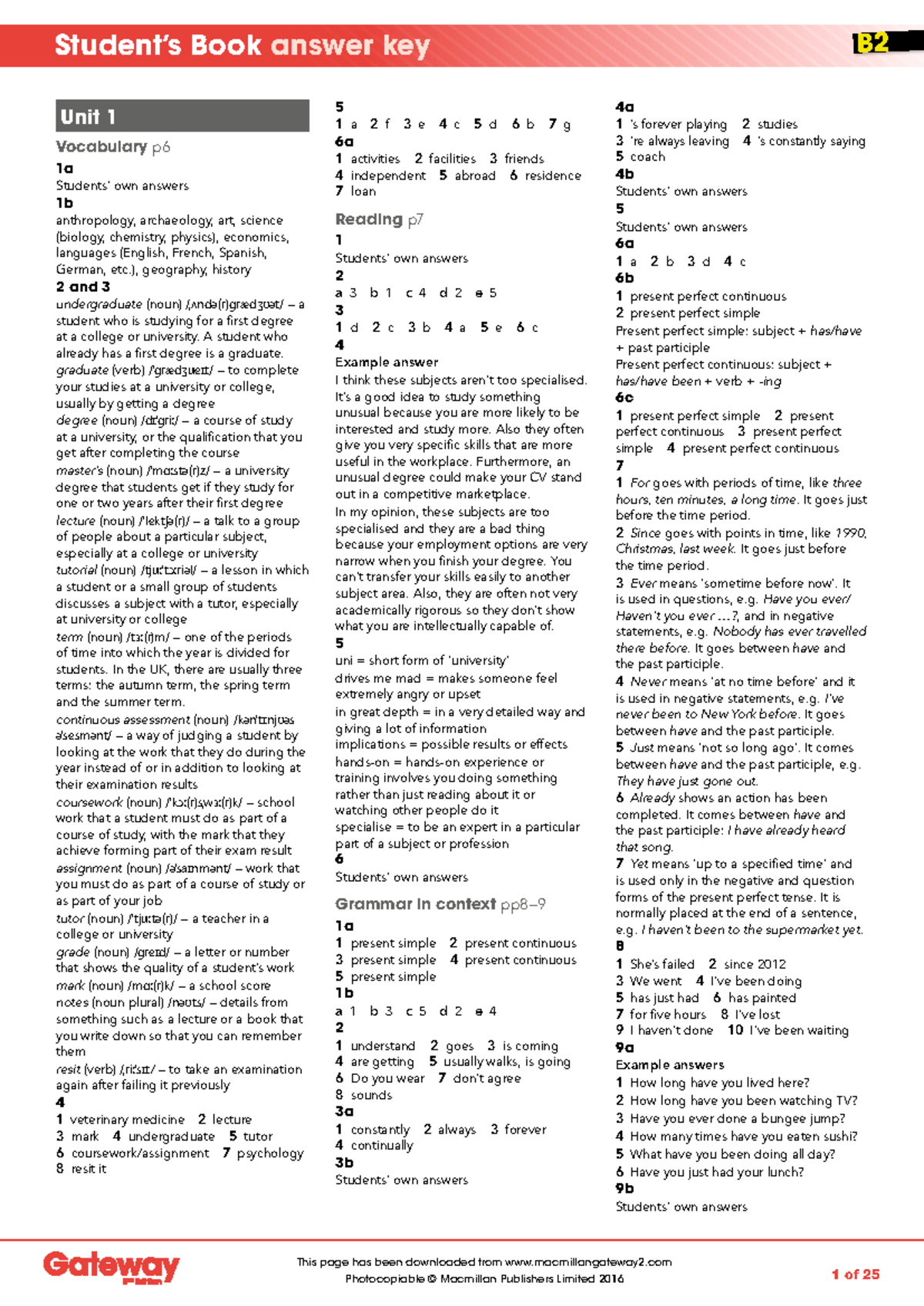 B2 Student's Book Answer Key (Course Code: 458097205) - Studocu